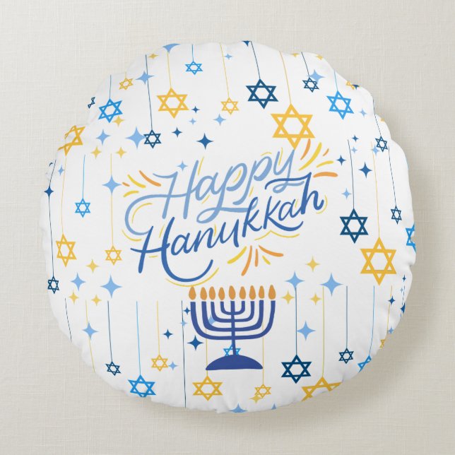 Cojín Redondo Happy Hanukkah Blue And Gold (Anverso)