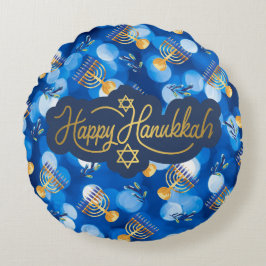 Cojín Redondo Happy Hanukkah Blue And White