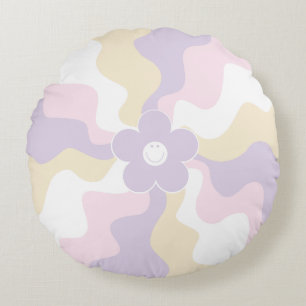 Cojín Redondo Happy Retro Daisy - Pastel rosa, amarillo y púrpur