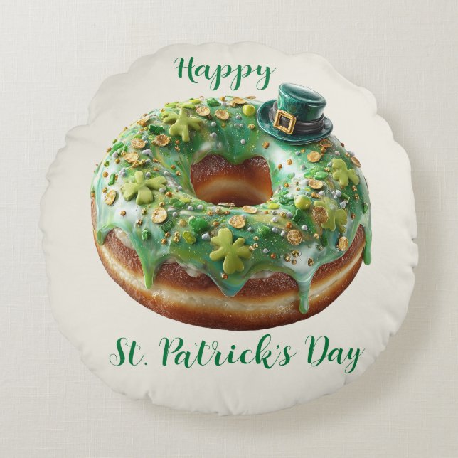Cojín Redondo Happy St. Patrick’s Day Donut with Leprechaun Hat (Anverso)