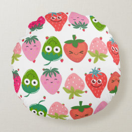 Cojín Redondo Happy strawberries smiling Cute colorful fruits