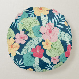 Cojín Redondo hawaiano vintage de verano tropical sin fisuras