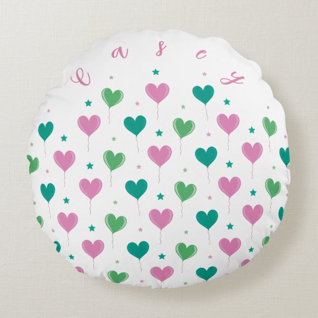 Cojín Redondo Heart Balloons Green Pink Star Pattern Cute (Anverso)