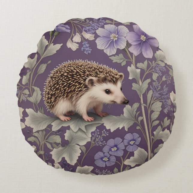 Cojín Redondo Hedgehog Purple William Morris Inspiró Floral (Anverso)