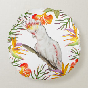 Cojín Redondo Hermosa acuarela cacatúa dibujo a mano de loro
