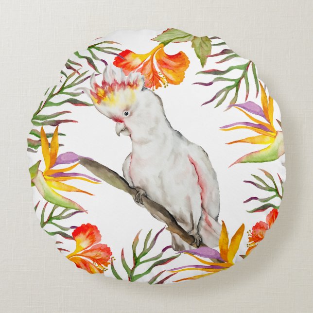 Cojín Redondo Hermosa acuarela cacatúa dibujo a mano de loro (Anverso)