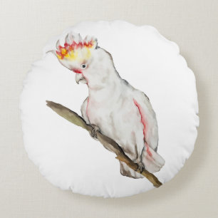 Cojín Redondo Hermosa acuarela Dibujo a mano de loro de Cacatua