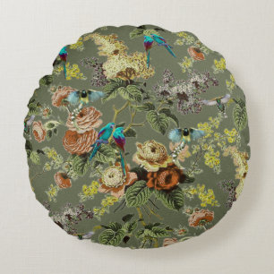 Cojín Redondo Hermosa ave exótica, fondo verde pantano
