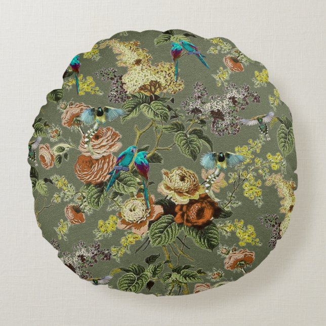 Cojín Redondo Hermosa ave exótica, fondo verde pantano (Anverso)
