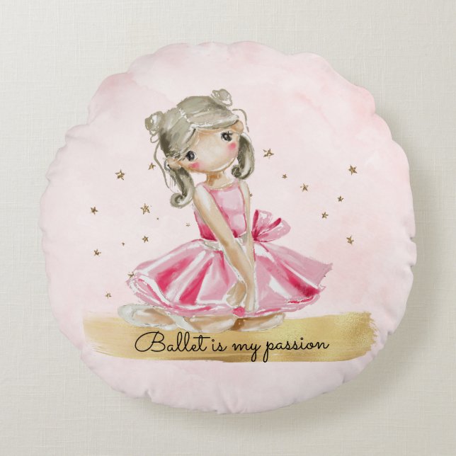 Cojín Redondo Hermosa Ballerina de acuarela pintada a mano (Anverso)