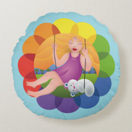 Cojín Redondo Hermosa chica en columpio con su oso