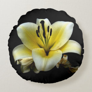 Cojín Redondo Hermosa Elegante Amarillo sobre Flor Negra
