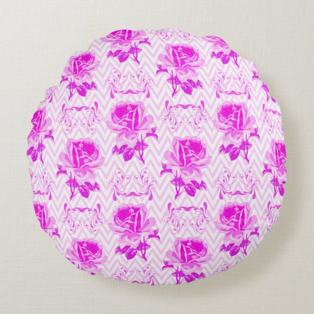 Cojín Redondo Hermosa Flora Púrpura Vintage (Anverso)