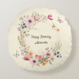 Cojín Redondo Hermosa guirnalda floral y mariposas cumpleaños