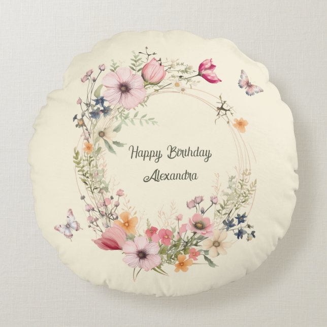 Cojín Redondo Hermosa guirnalda floral y mariposas cumpleaños (Anverso)