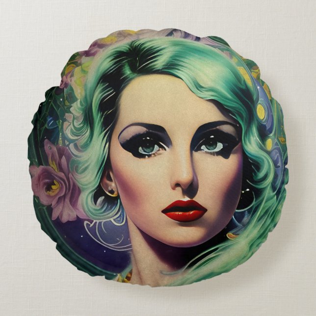 Cojín Redondo Hermosa lavanda y verde estilo retro mujer (Anverso)