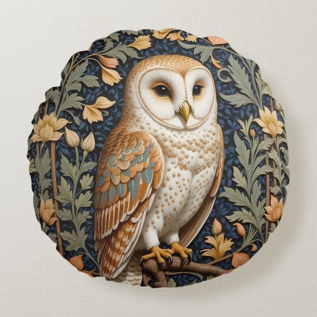 Cojín Redondo Hermosa lechuza de época William Morris inspirada  (Anverso)