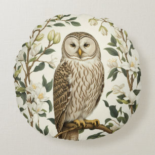 Cojín Redondo Hermosa Lechuza Ural Y Flores De Magnolia