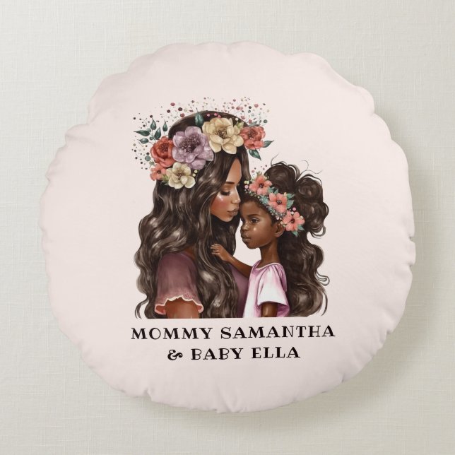 Cojín Redondo Hermosa madre y hija negras (2) (Anverso)