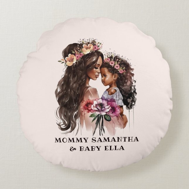 Cojín Redondo Hermosa mamá negra y hija (Anverso)