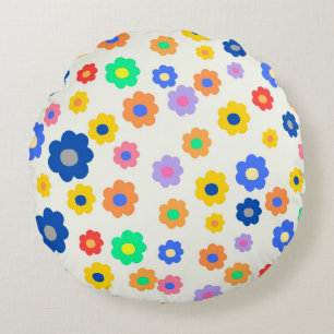 Cojín Redondo Hermosa mostaza y floral negra retro alegre