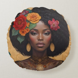 Cojín Redondo Hermosa mujer afroamericana con flores