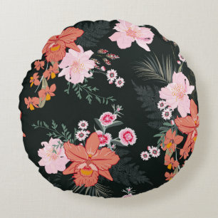 Cojín Redondo Hermosa selva tropical dibujada a mano floral, cos