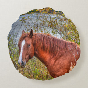 Cojín Redondo Hermosa Sorrel Mare y Lake View Equine Photo