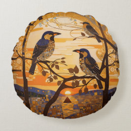 Cojín Redondo Hermosas Aves Abstractas Al Amanecer Decorativas