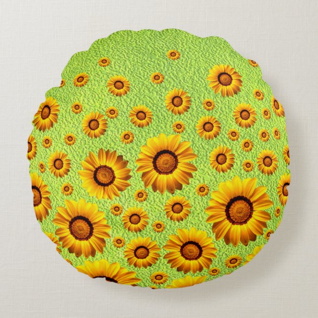 Cojín Redondo Hermosas flores amarillas en verde abstracto (Anverso)