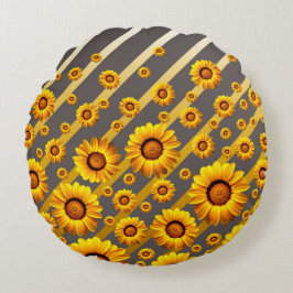 Cojín Redondo Hermosas flores amarillas sobre rayas grises, dora