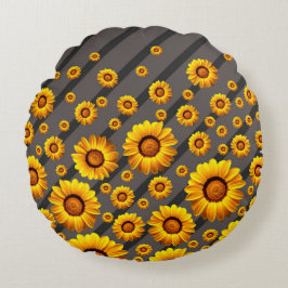 Cojín Redondo Hermosas flores amarillas sobre rayas grises y neg