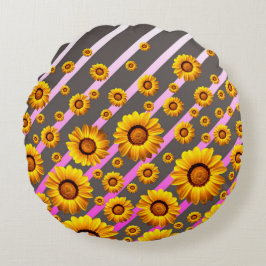 Cojín Redondo Hermosas flores amarillas sobre rayas grises y ros