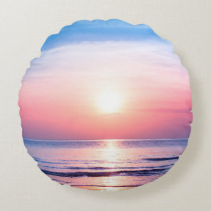 Cojín Redondo Hermoso amanecer, mar azul, cielo rosa, whi