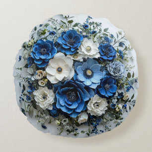 Cojín Redondo Hermoso arreglo floral azul y blanco