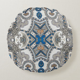 Cojín Redondo Hermoso blanco y azul arabesco, patrón islámico