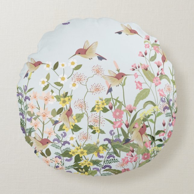 Cojín Redondo Hermoso colibrí en un dulce jardín floral (Anverso)