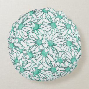 Cojín Redondo Hermoso diseño floral Verde azulado y blanco