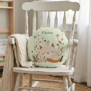Cojín Redondo Hermoso Gato Durmiendo Diseño Floral