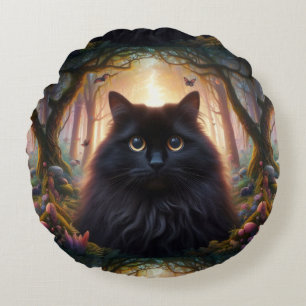 Cojín Redondo Hermoso Gato Negro Fluffy con Ojos de Oro