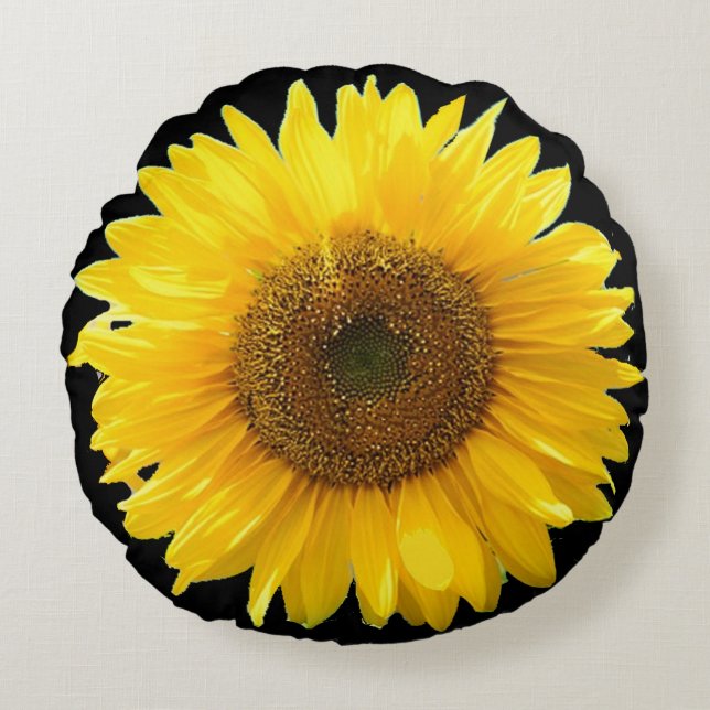 Cojín Redondo Hermoso Girasol sobre Negro (Anverso)