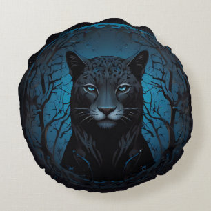 Cojín Redondo Hermoso leopardo salvaje de ojos negros azul
