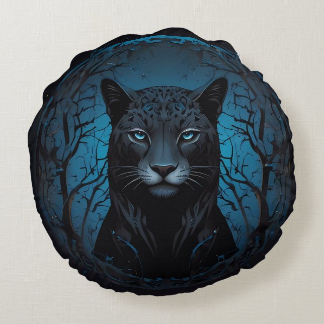 Cojín Redondo Hermoso leopardo salvaje de ojos negros azul (Reverso)