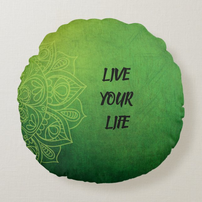 Cojín Redondo Hermoso Mandala Verde con cita (Anverso)