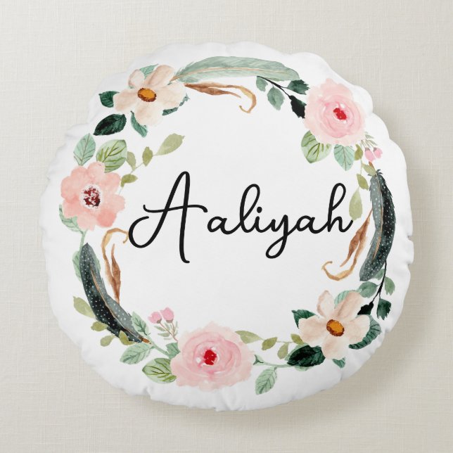 Cojín Redondo Hermoso Monograma con nombre floral (Anverso)