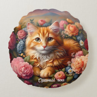 Cojín Redondo Hermoso Naranja Tabby Cat and Flowers