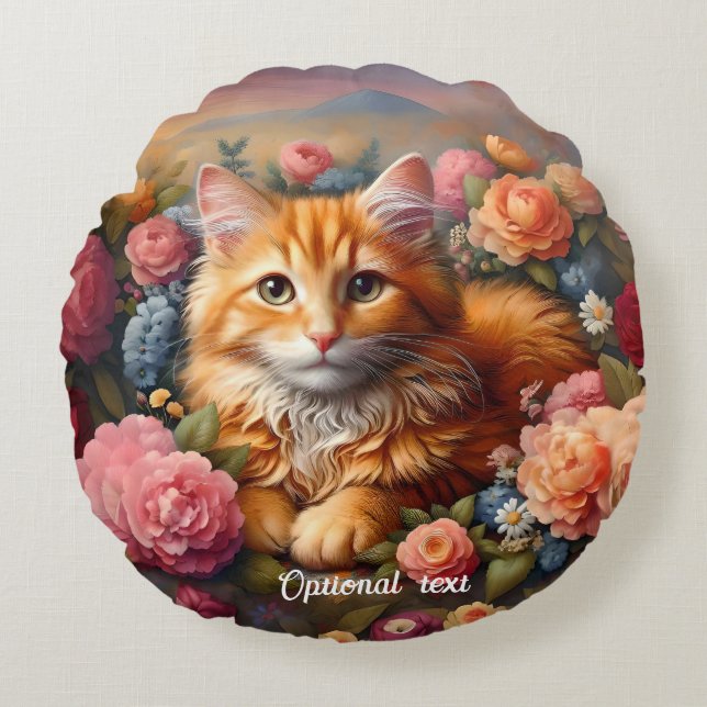 Cojín Redondo Hermoso Naranja Tabby Cat and Flowers (Anverso)