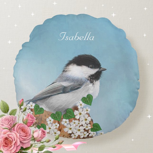 Cojín Redondo Hermoso Pajarito & Flores Personalizado (Subido por el creador)