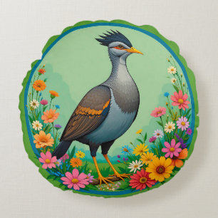 Cojín Redondo Hermoso pájaro exótico descansando entre flores co