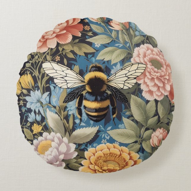 Cojín Redondo Hermoso Pastel Floral Y Bumblebee (Anverso)